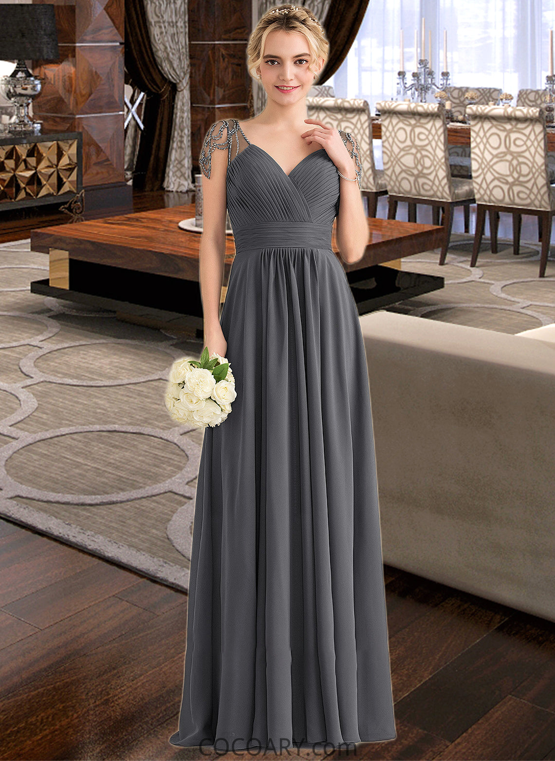 Summer A-Line V-neck Floor-Length Chiffon Bridesmaid Dress With Ruffle Beading Sequins DA8P0012823