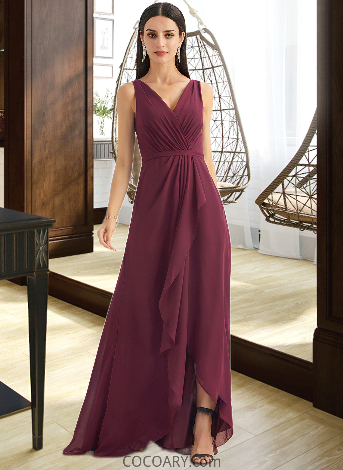 Jaycee A-Line V-neck Asymmetrical Bridesmaid Dress With Split Front DA8P0012824