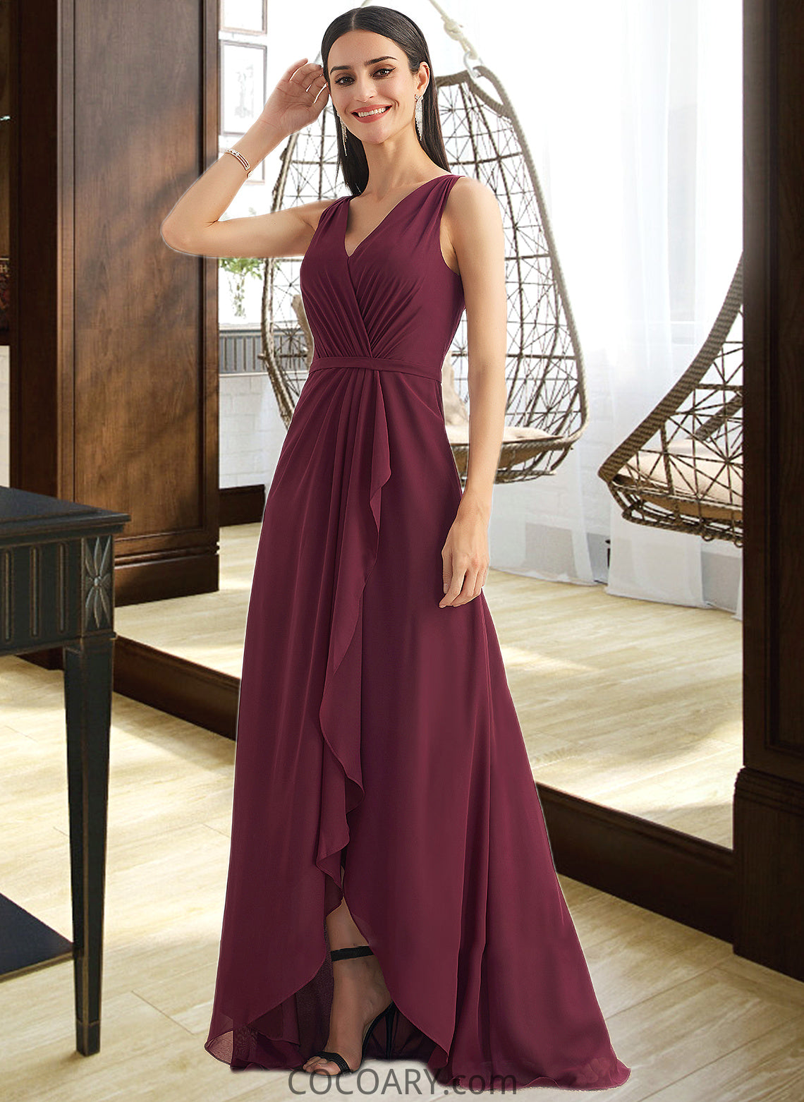 Jaycee A-Line V-neck Asymmetrical Bridesmaid Dress With Split Front DA8P0012824