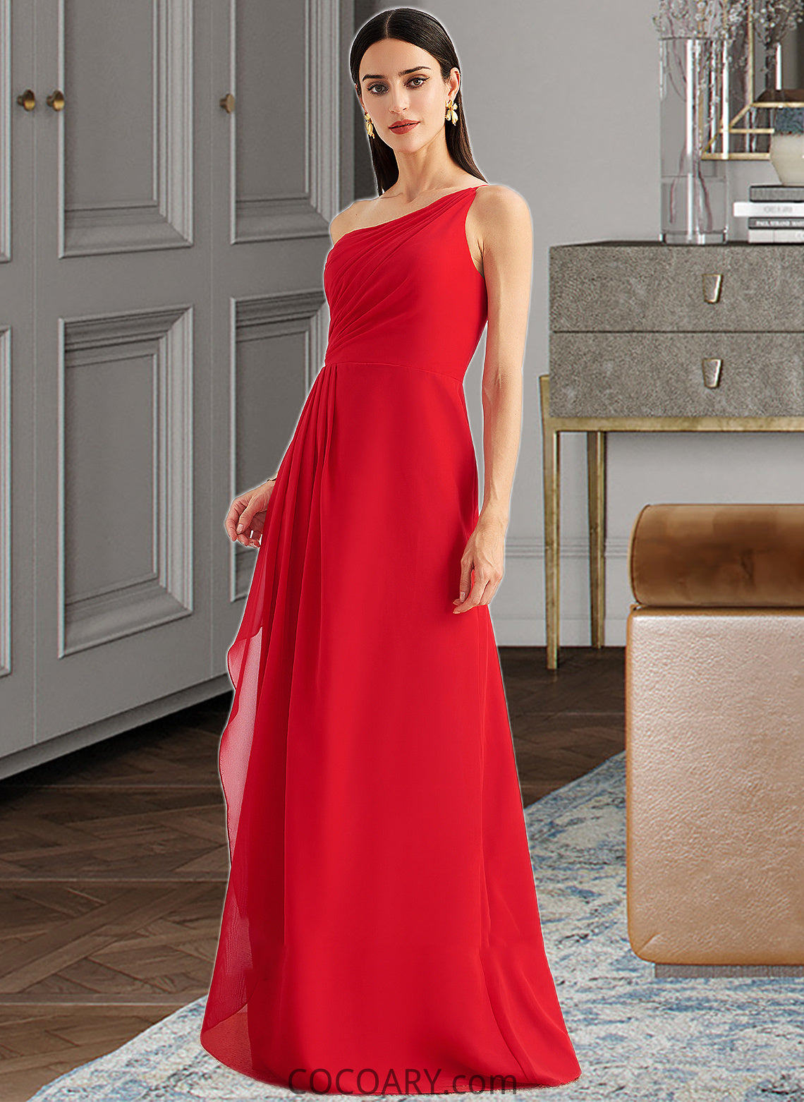 Maggie A-Line One-Shoulder Floor-Length Bridesmaid Dress With Ruffle Split Front DA8P0012827