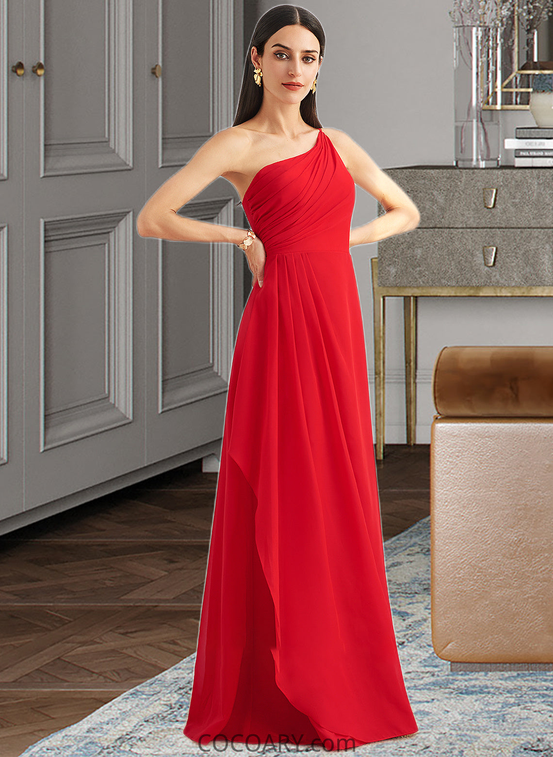 Maggie A-Line One-Shoulder Floor-Length Bridesmaid Dress With Ruffle Split Front DA8P0012827