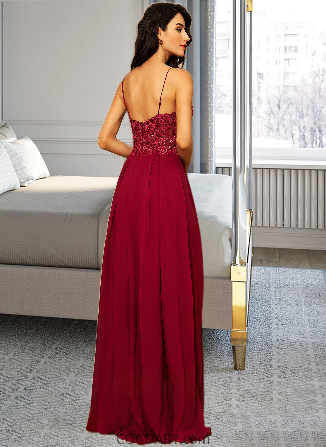 Lia A-Line V-neck Floor-Length Chiffon Bridesmaid Dress With Lace Sequins Split Front DA8P0012830