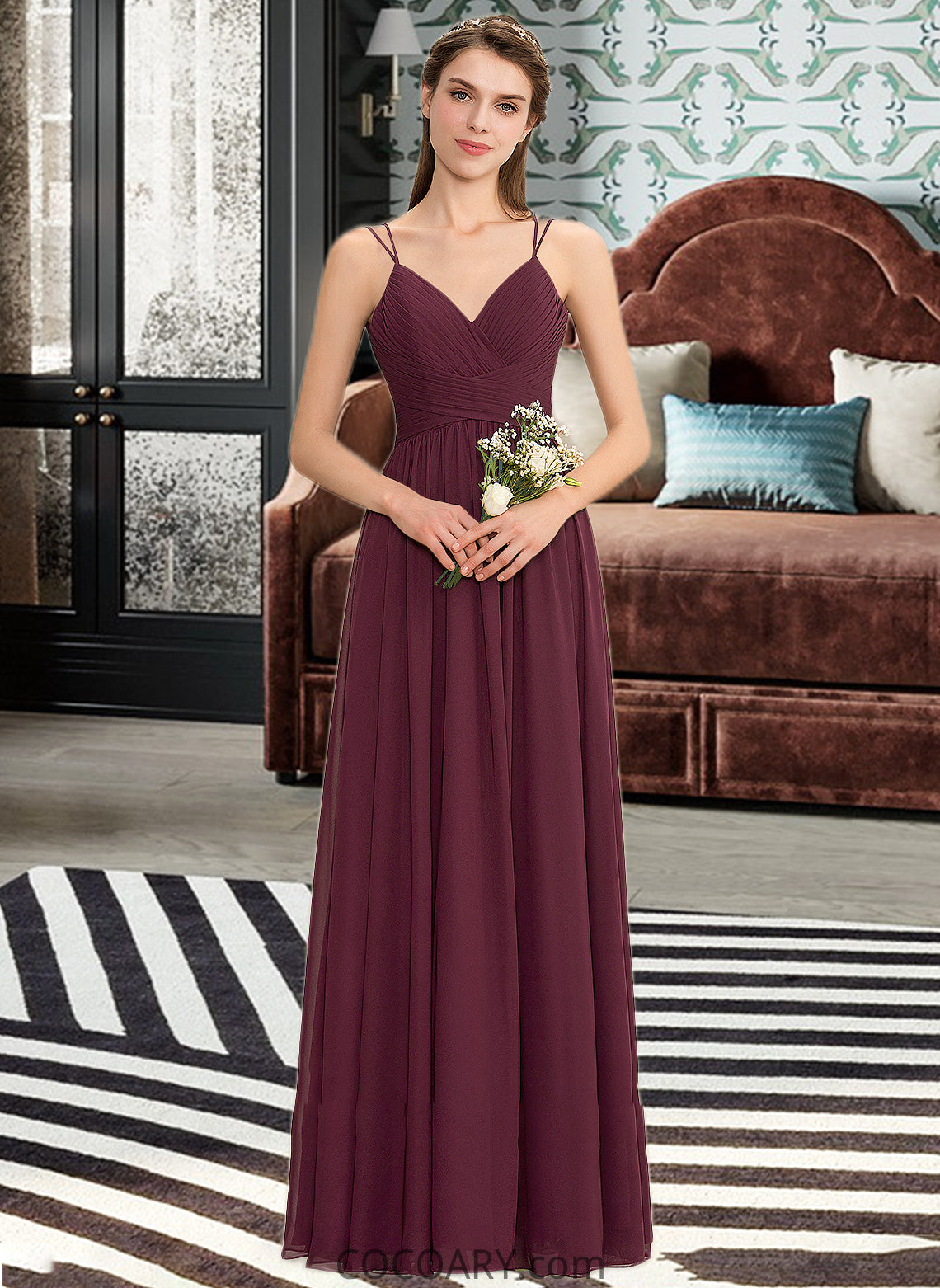 Lana A-line V-Neck Floor-Length Chiffon Lace Bridesmaid Dress With Ruffle DA8P0012839