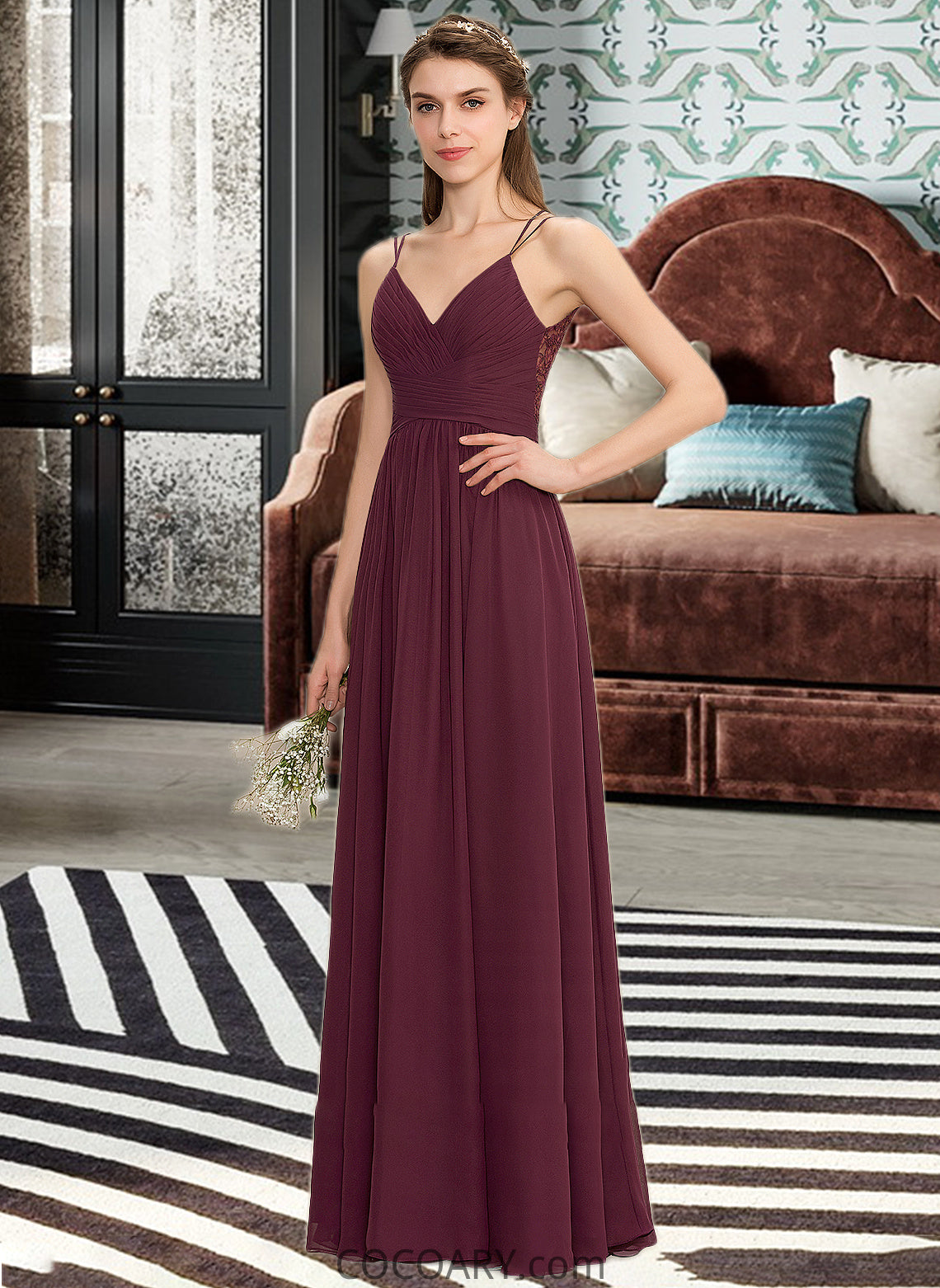 Lana A-line V-Neck Floor-Length Chiffon Lace Bridesmaid Dress With Ruffle DA8P0012839