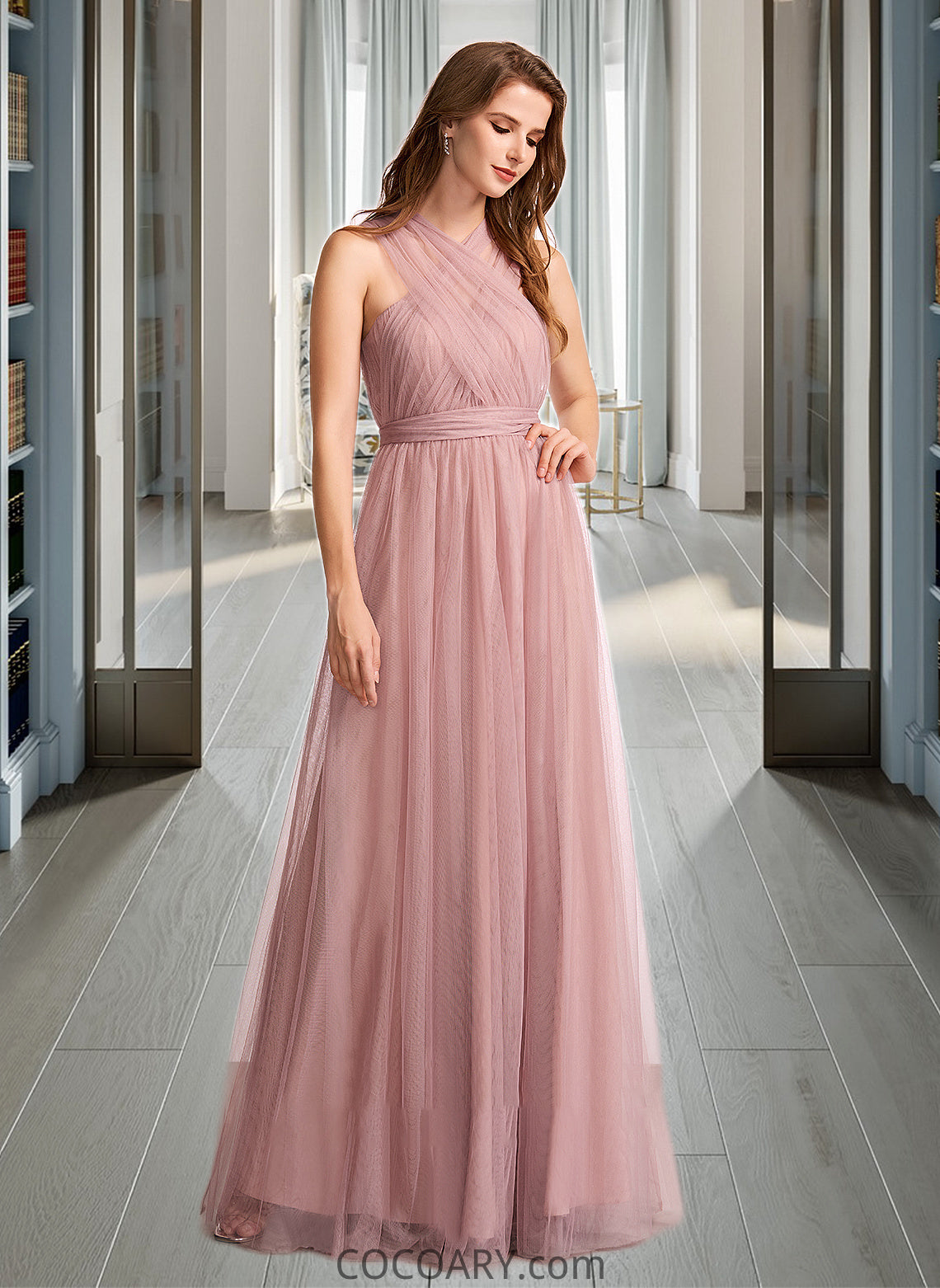 Yaretzi A-Line One-Shoulder V-neck Off-the-Shoulder Floor-Length Bridesmaid Dress DA8P0012843