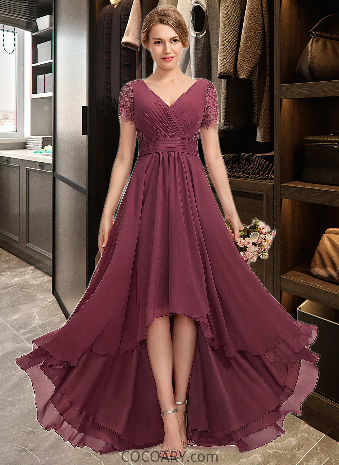 Alivia A-Line V-neck Asymmetrical Chiffon Lace Bridesmaid Dress With Ruffle DA8P0012850