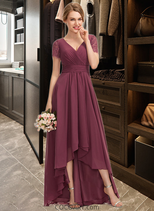 Alivia A-Line V-neck Asymmetrical Chiffon Lace Bridesmaid Dress With Ruffle DA8P0012850