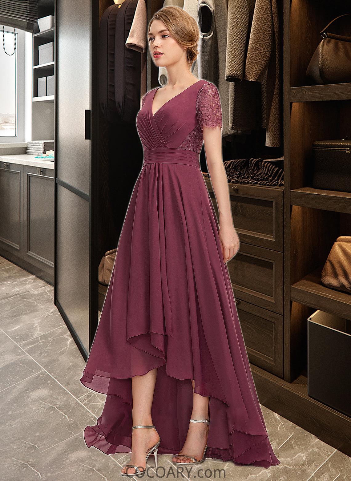 Alivia A-Line V-neck Asymmetrical Chiffon Lace Bridesmaid Dress With Ruffle DA8P0012850