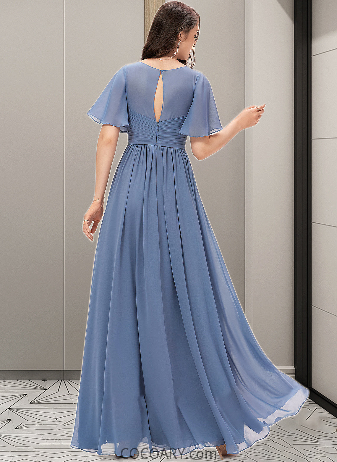 Brittany A-line V-Neck Floor-Length Chiffon Bridesmaid Dress With Ruffle DA8P0012857