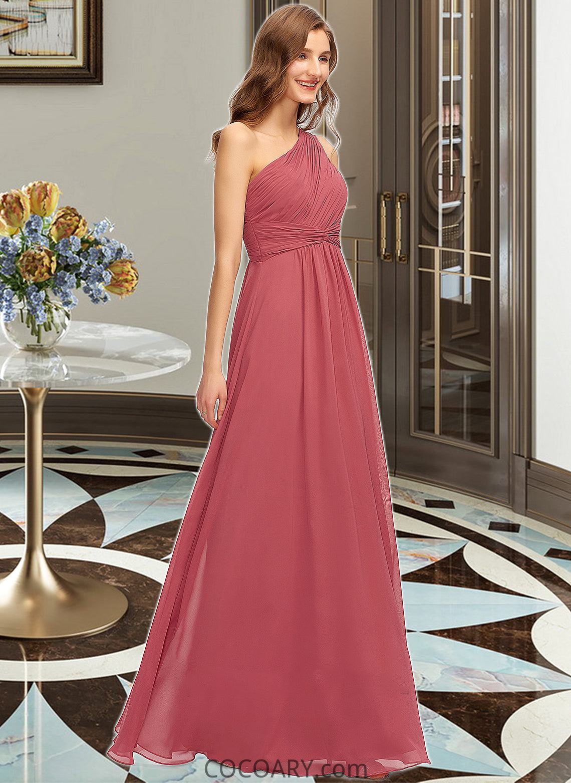 Shea A-line One Shoulder Floor-Length Chiffon Bridesmaid Dress With Ruffle DA8P0012860