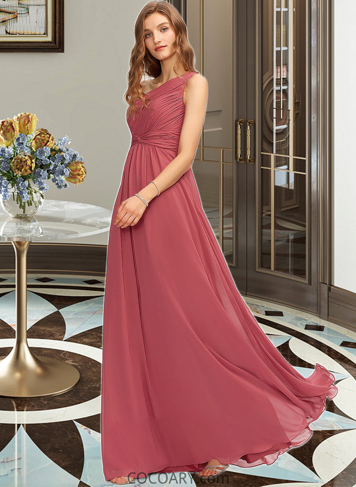 Shea A-line One Shoulder Floor-Length Chiffon Bridesmaid Dress With Ruffle DA8P0012860