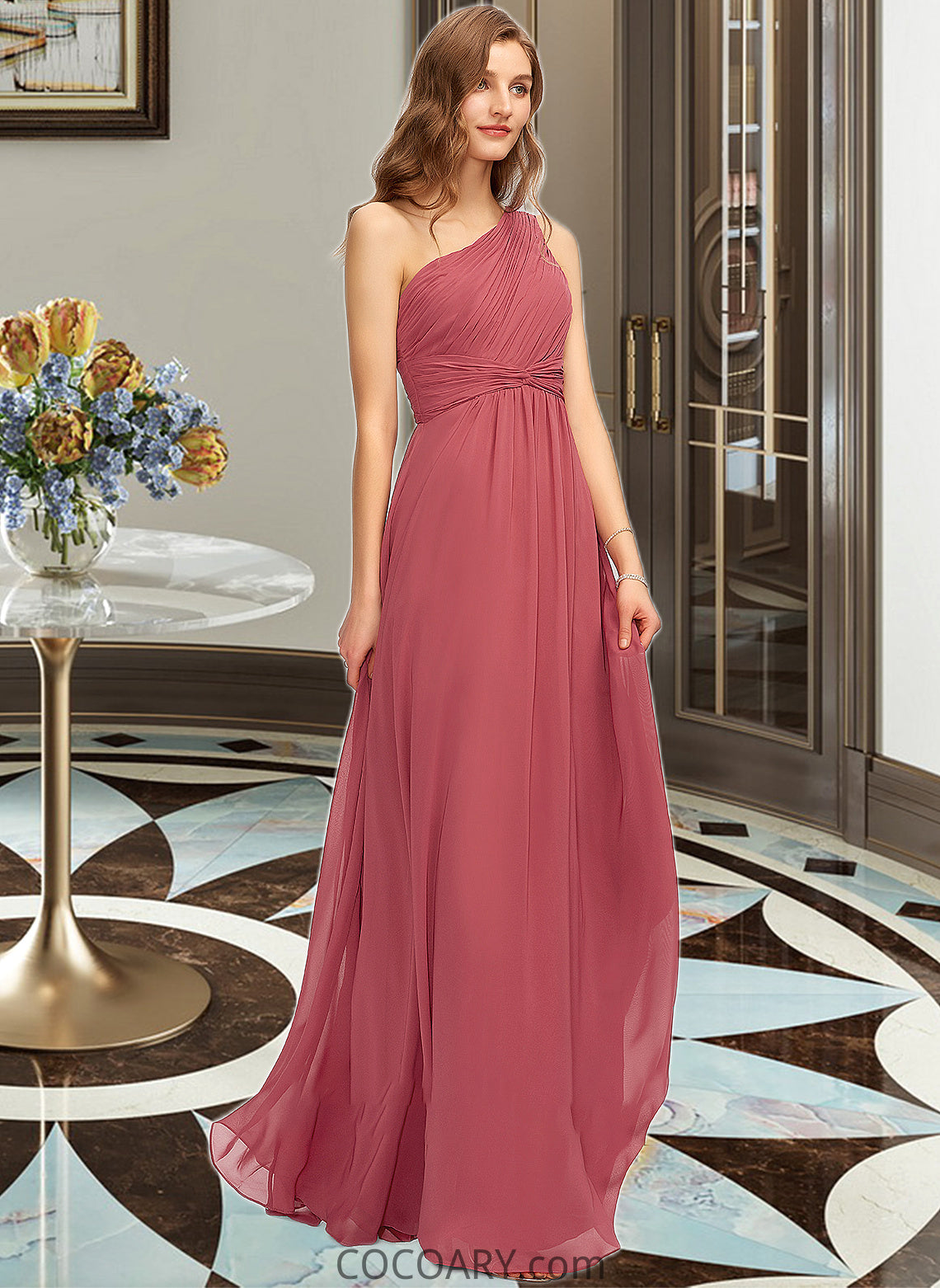 Shea A-line One Shoulder Floor-Length Chiffon Bridesmaid Dress With Ruffle DA8P0012860