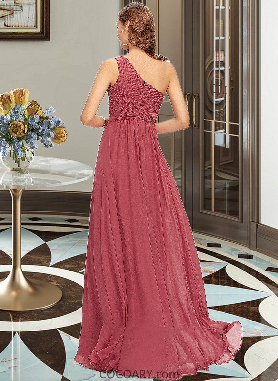 Shea A-line One Shoulder Floor-Length Chiffon Bridesmaid Dress With Ruffle DA8P0012860