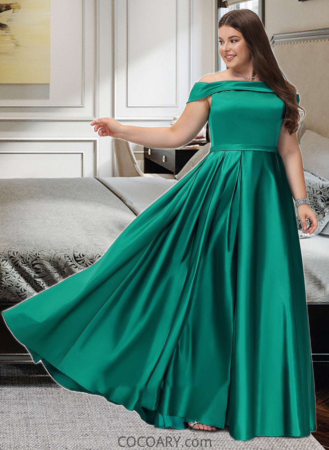 Lizeth Ball-Gown/Princess Off-the-Shoulder Floor-Length Satin Bridesmaid Dress With Split Front Pockets DA8P0012866