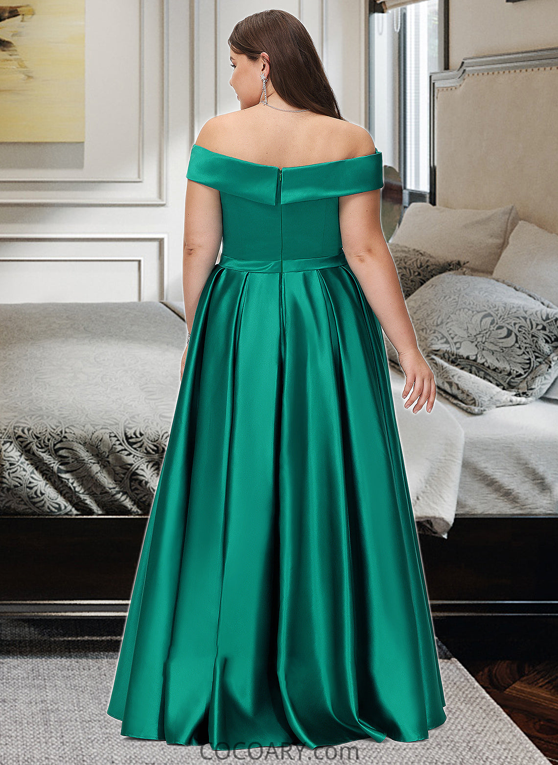 Lizeth Ball-Gown/Princess Off-the-Shoulder Floor-Length Satin Bridesmaid Dress With Split Front Pockets DA8P0012866