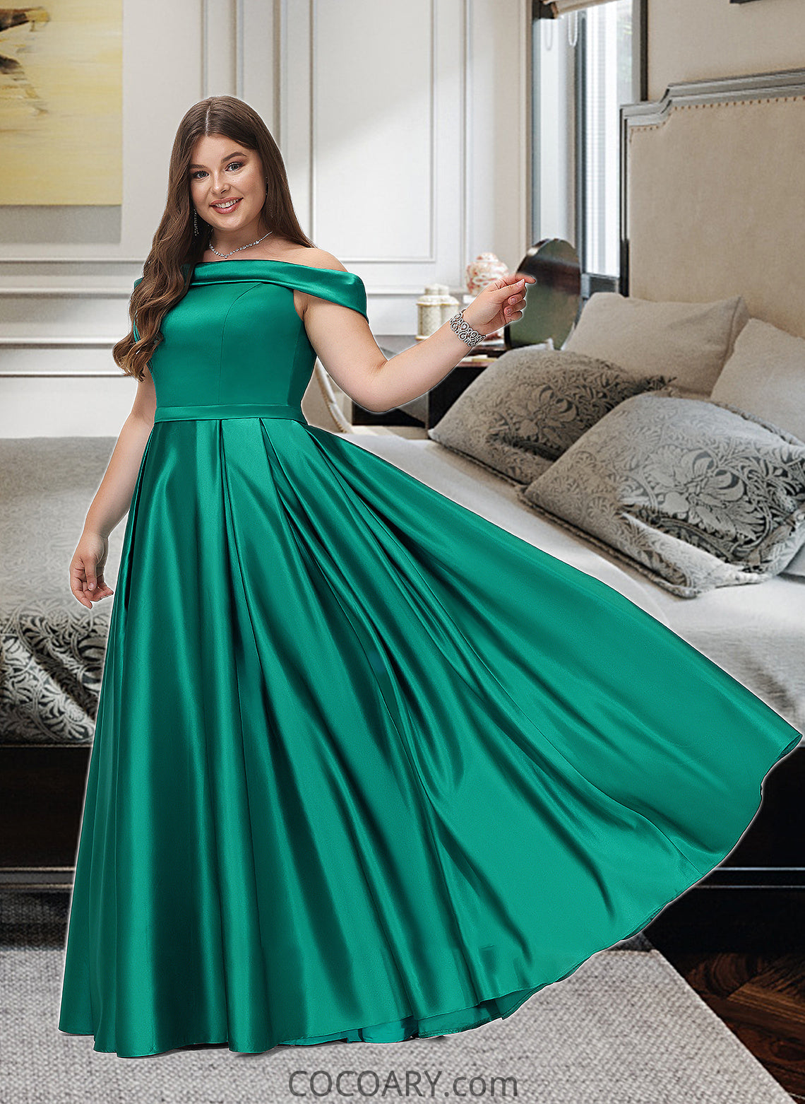 Lizeth Ball-Gown/Princess Off-the-Shoulder Floor-Length Satin Bridesmaid Dress With Split Front Pockets DA8P0012866