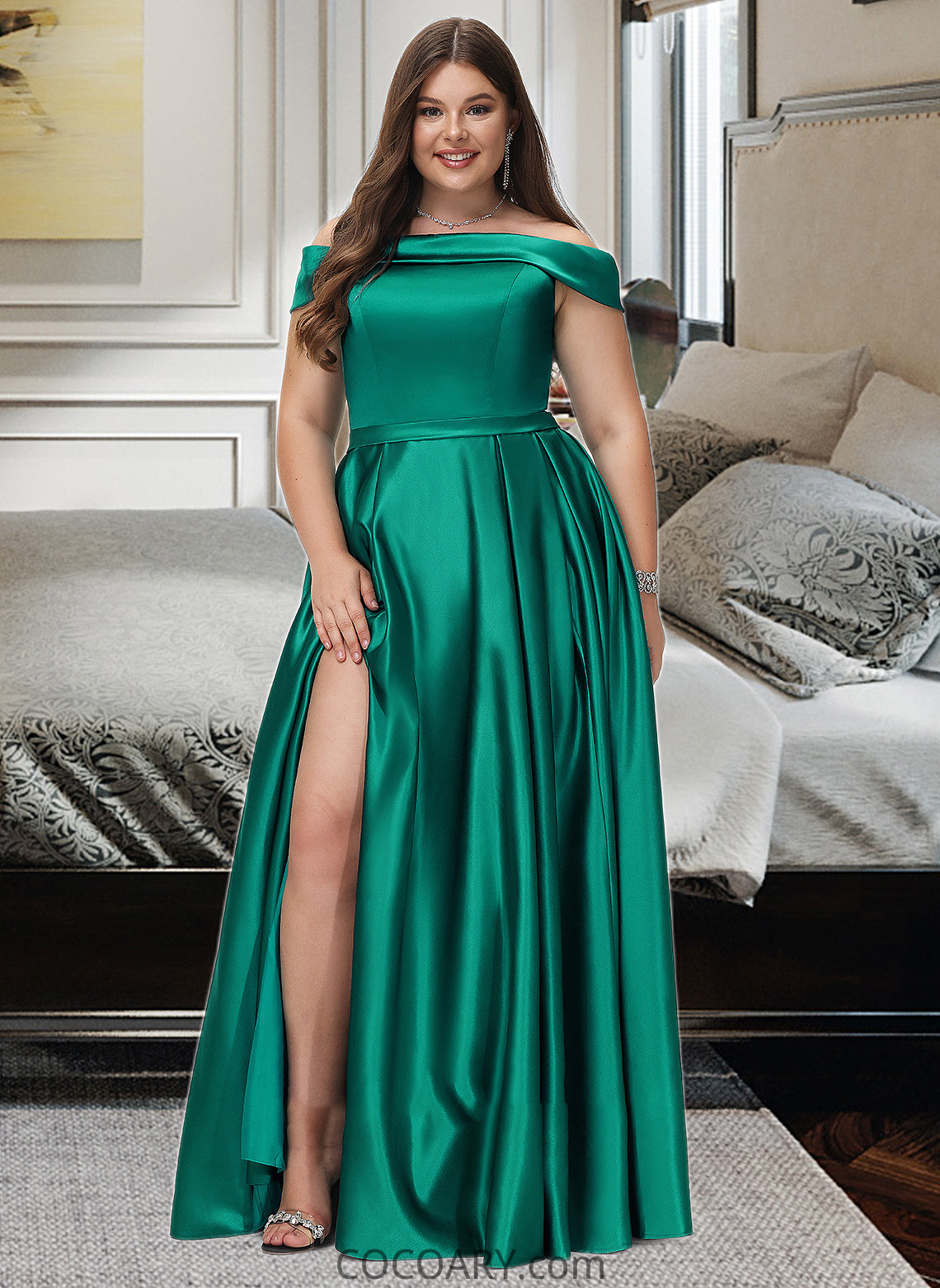 Lizeth Ball-Gown/Princess Off-the-Shoulder Floor-Length Satin Bridesmaid Dress With Split Front Pockets DA8P0012866