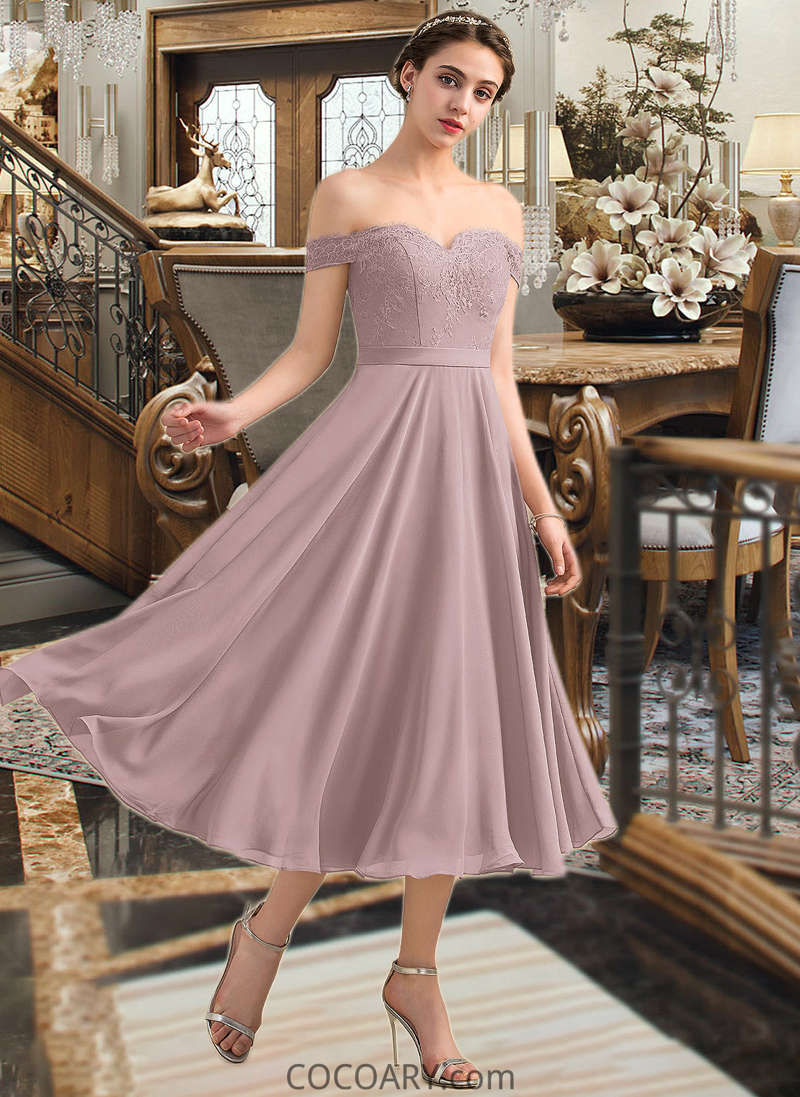 Justine A-Line Off-the-Shoulder Tea-Length Chiffon Lace Bridesmaid Dress With Beading Sequins DA8P0012867