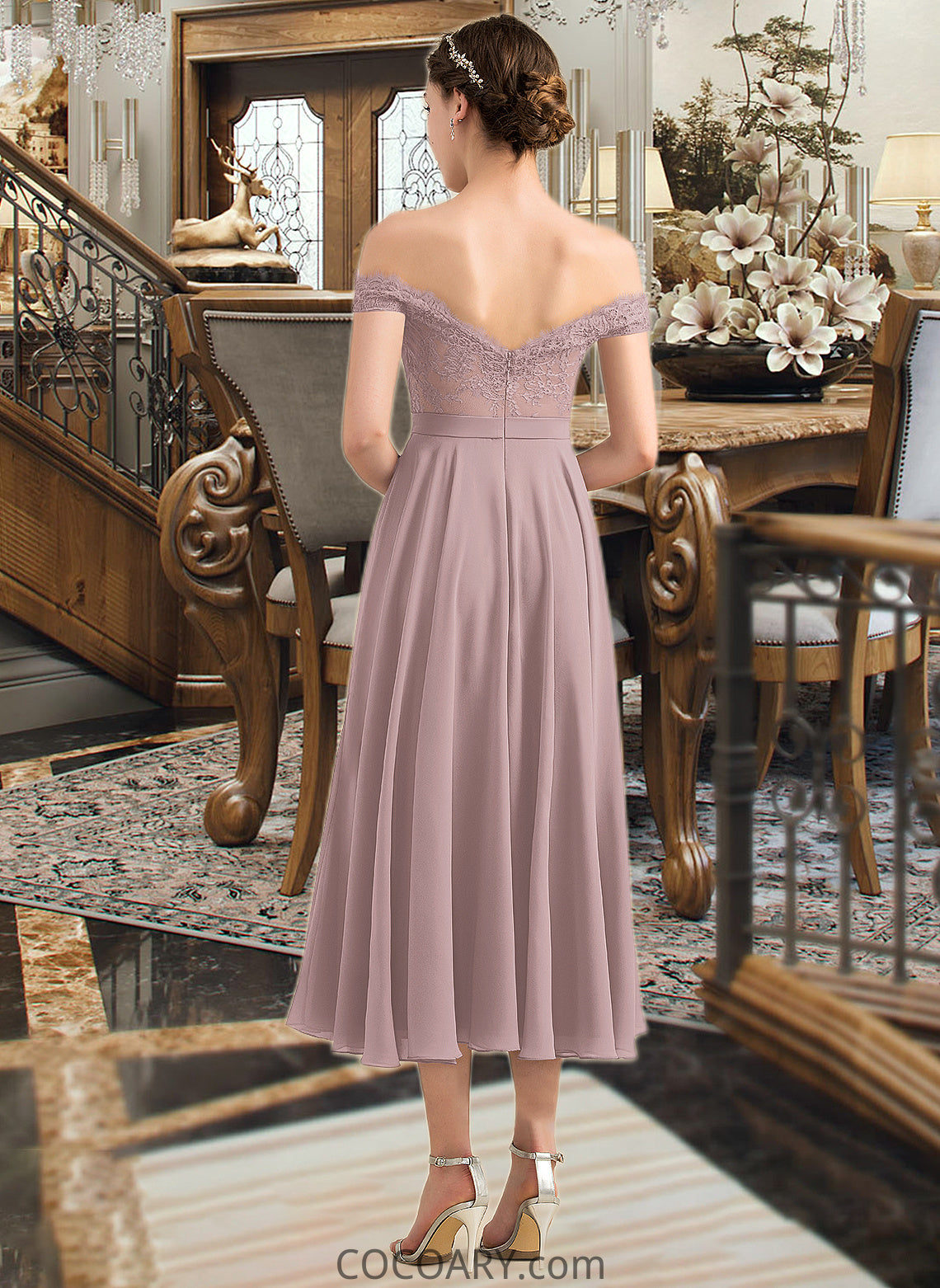 Justine A-Line Off-the-Shoulder Tea-Length Chiffon Lace Bridesmaid Dress With Beading Sequins DA8P0012867