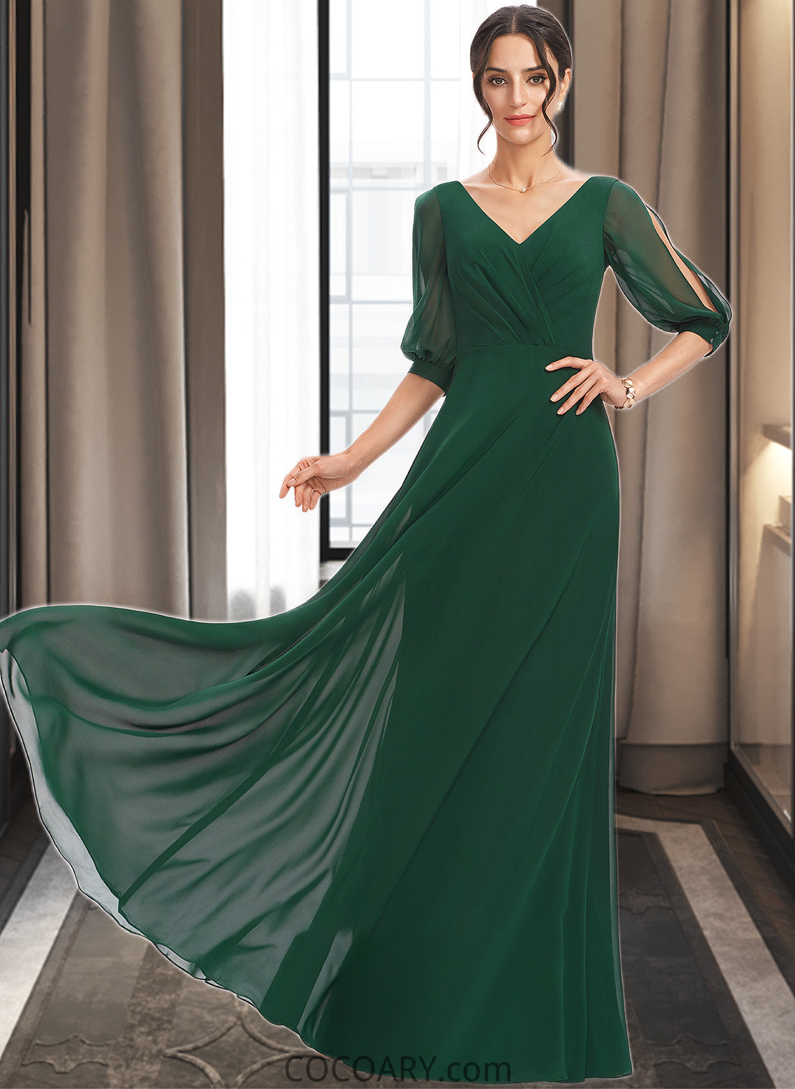 Gladys A-Line V-neck Floor-Length Bridesmaid Dress With Ruffle DA8P0012870