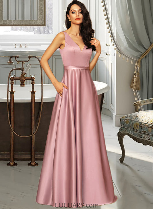 Elianna Ball-Gown/Princess V-neck Floor-Length Satin Bridesmaid Dress With Pockets DA8P0012880