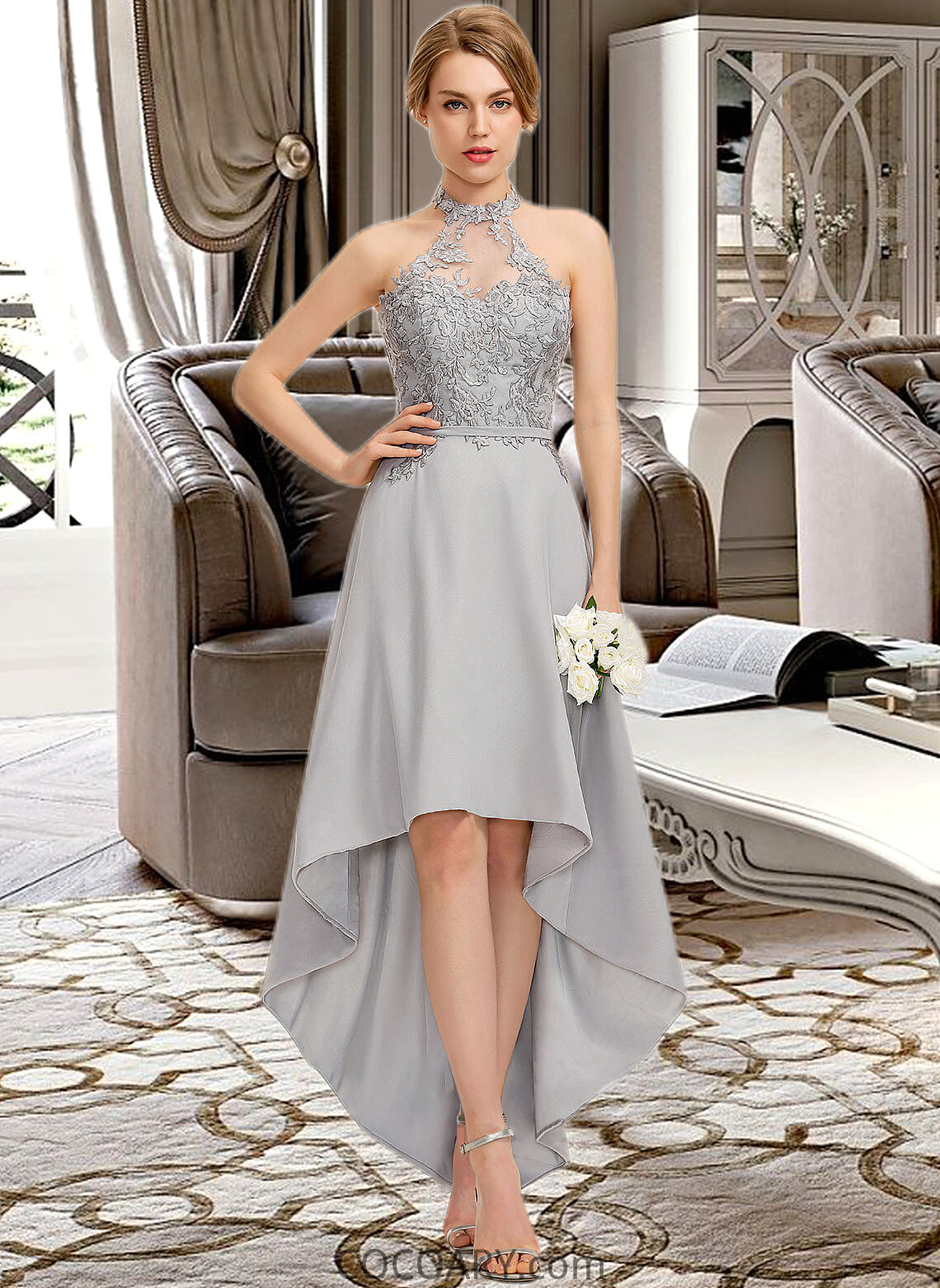 Cadence A-line Halter Asymmetrical Chiffon Lace Bridesmaid Dress DA8P0012881