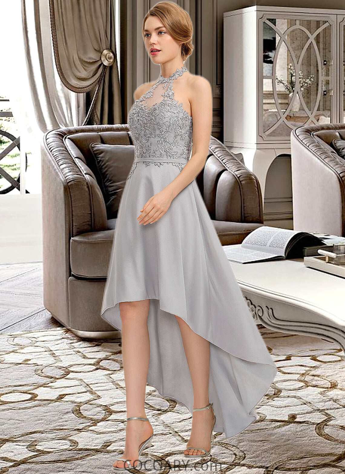 Cadence A-line Halter Asymmetrical Chiffon Lace Bridesmaid Dress DA8P0012881