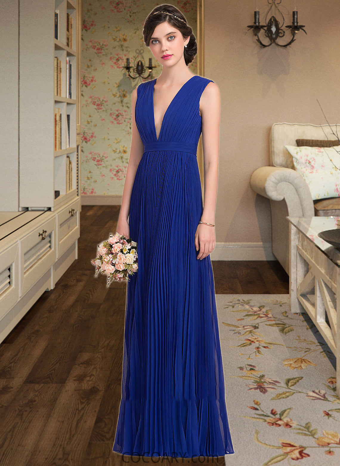 Maud A-Line V-neck Floor-Length Chiffon Bridesmaid Dress With Bow(s) Pleated DA8P0012882