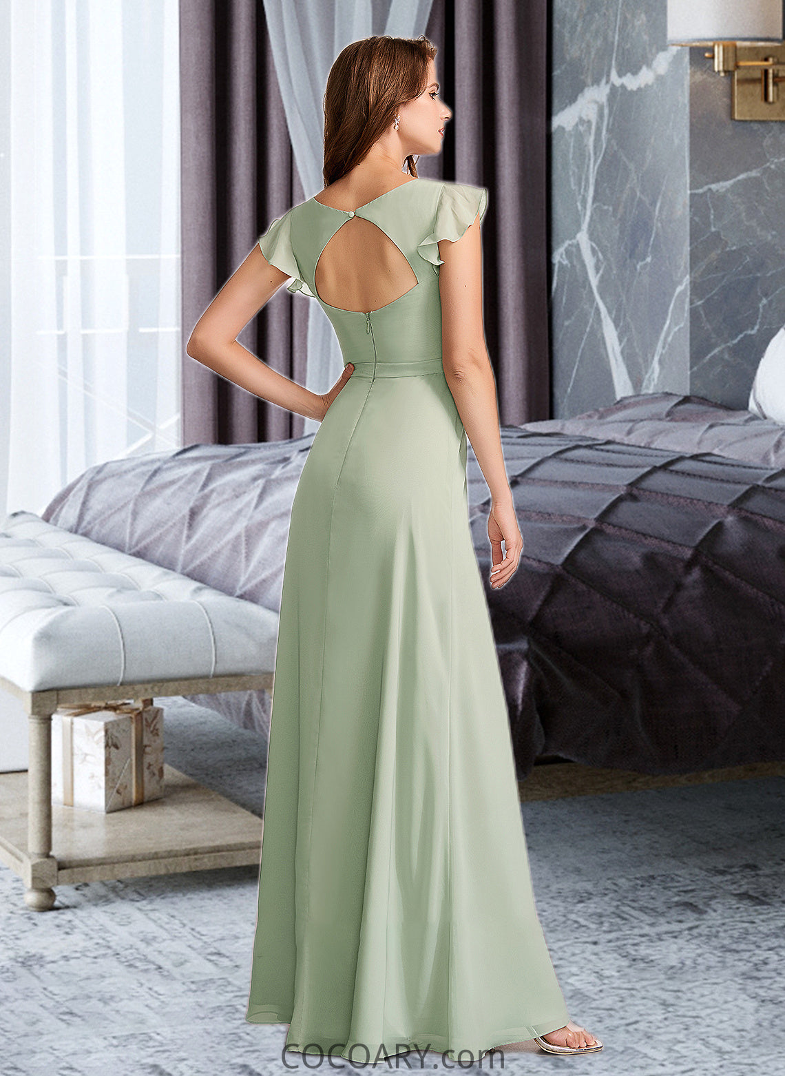 Aubree A-Line V-neck Floor-Length Bridesmaid Dress With Split Front DA8P0012883