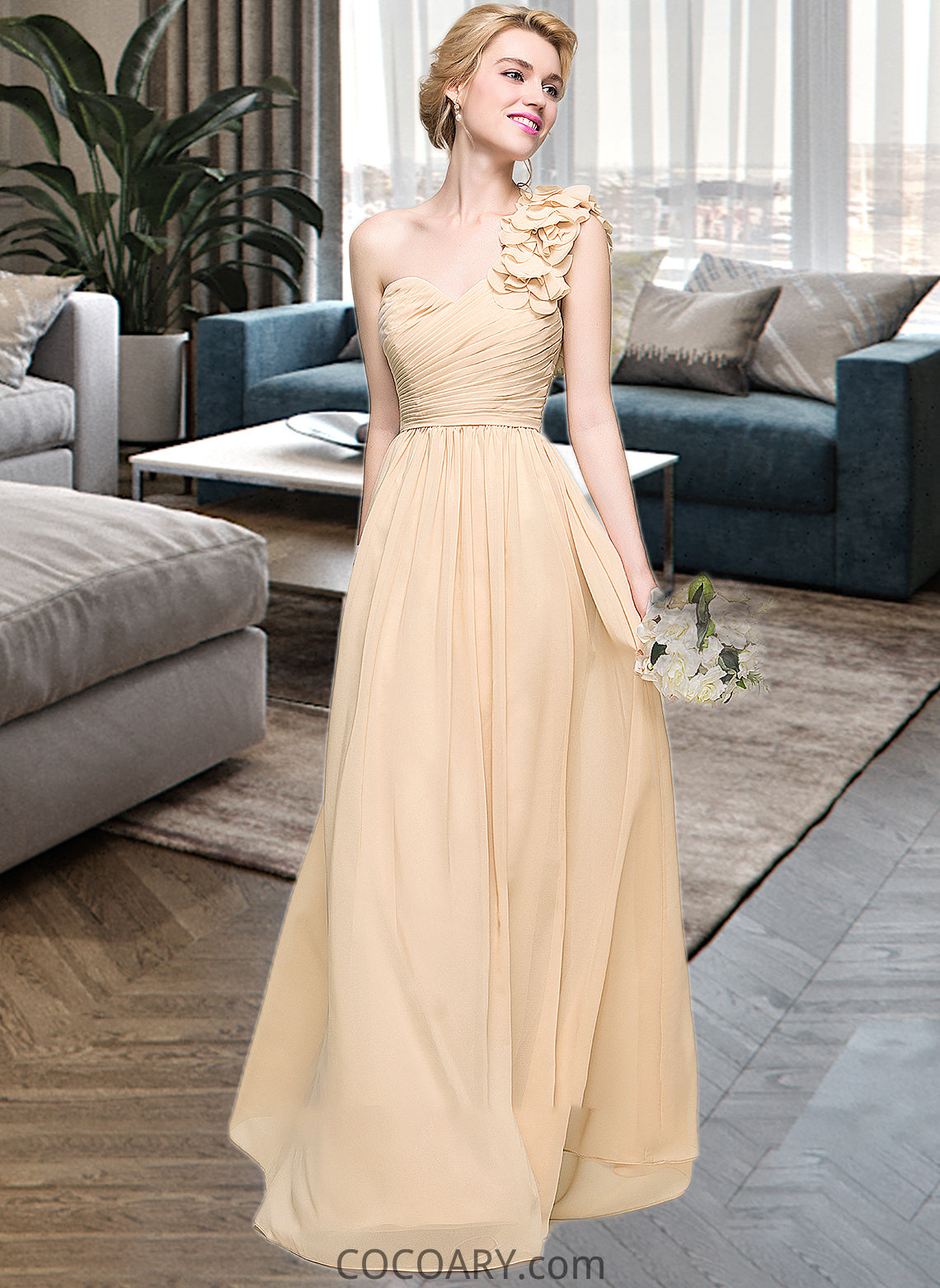 Stephanie A-Line One-Shoulder Floor-Length Chiffon Bridesmaid Dress With Ruffle Flower(s) DA8P0012887