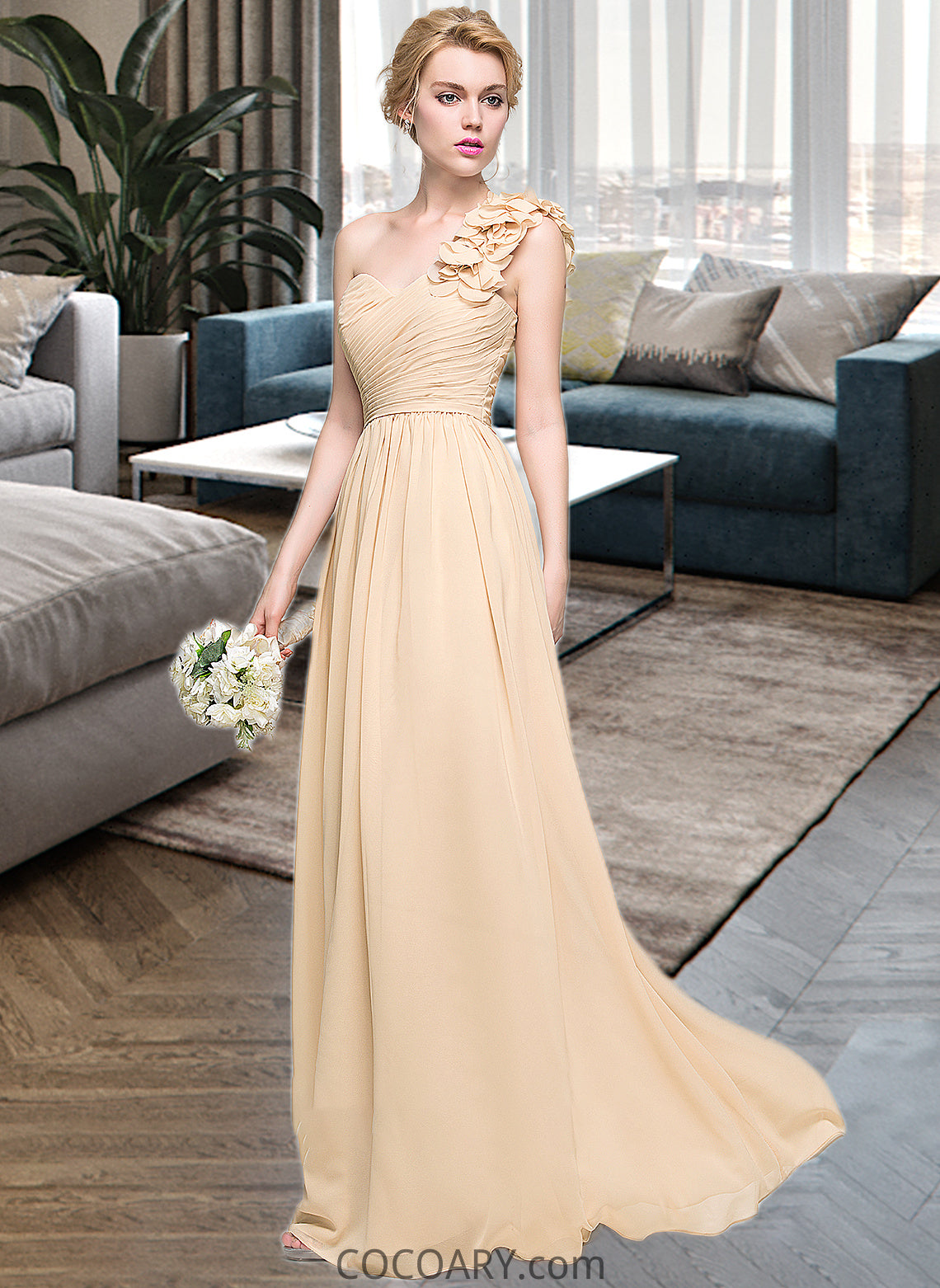 Stephanie A-Line One-Shoulder Floor-Length Chiffon Bridesmaid Dress With Ruffle Flower(s) DA8P0012887