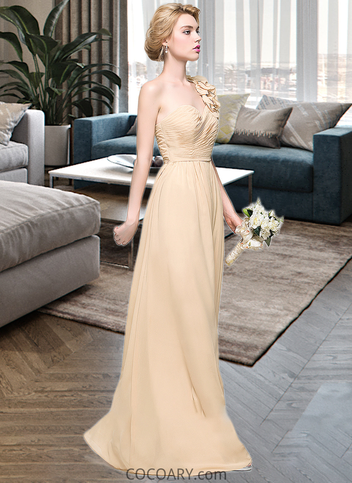 Stephanie A-Line One-Shoulder Floor-Length Chiffon Bridesmaid Dress With Ruffle Flower(s) DA8P0012887