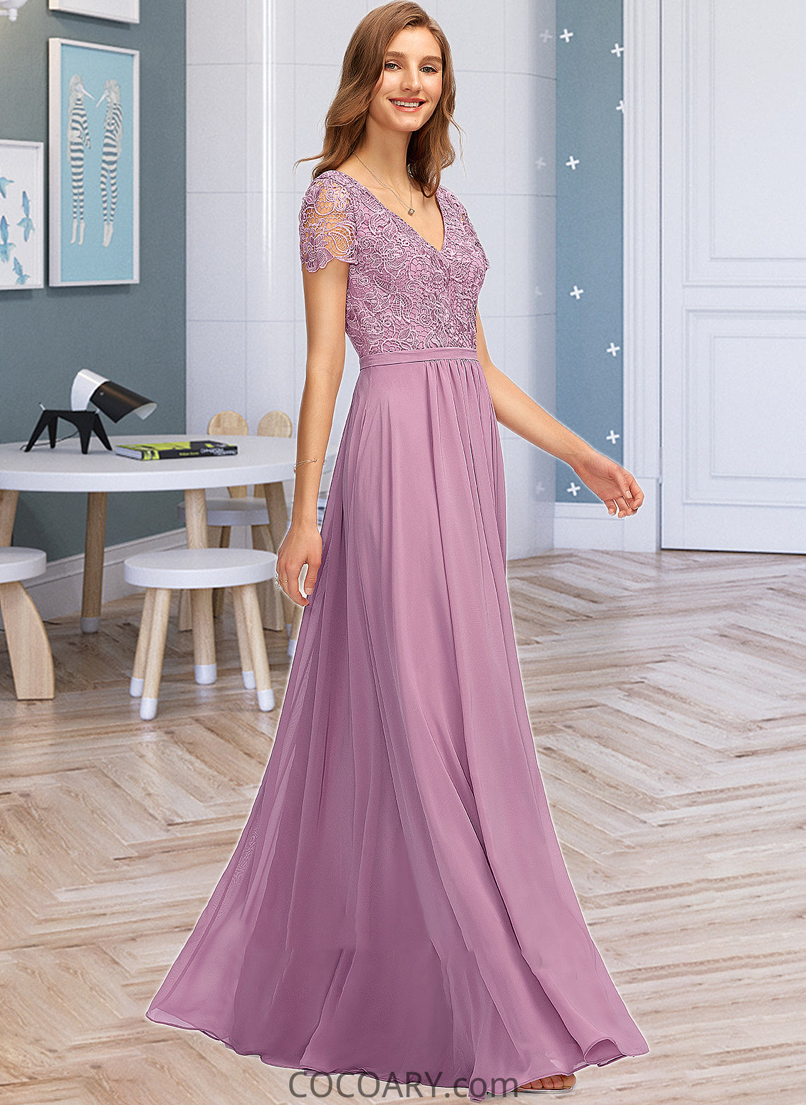 Julianne A-Line V-neck Floor-Length Chiffon Bridesmaid Dress With Split Front DA8P0012890