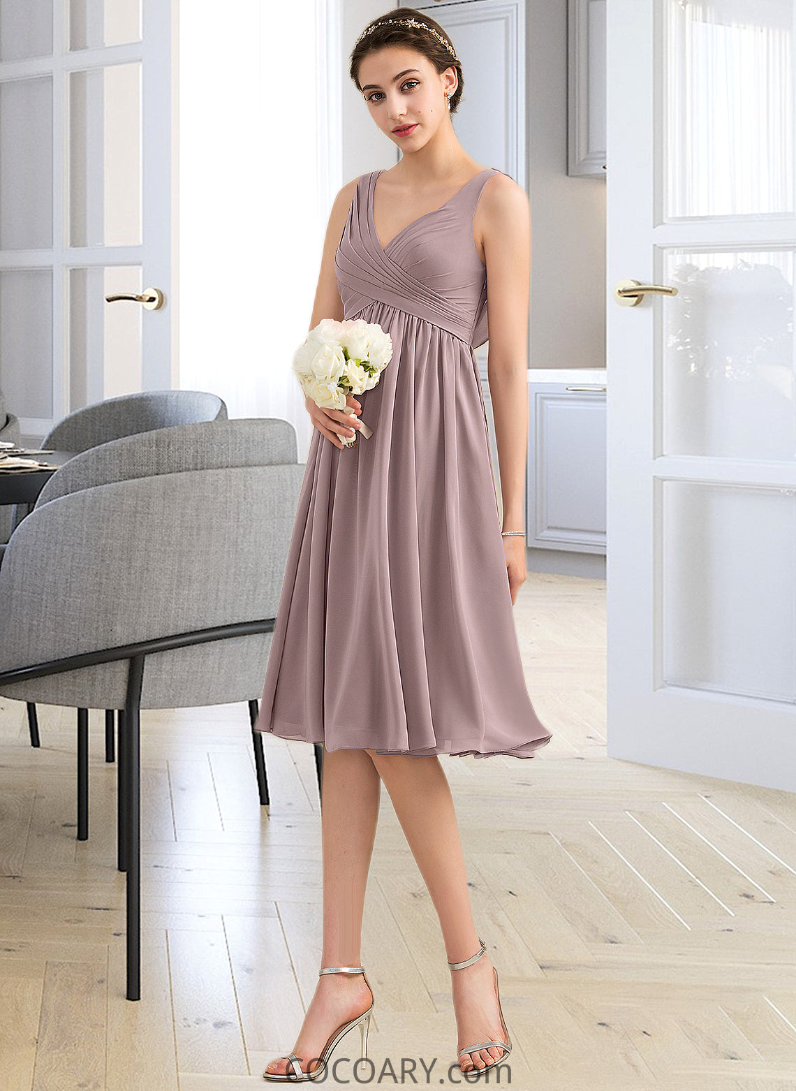 Juliana Empire V-Neck Knee-Length Chiffon Bridesmaid Dress With Cascading Ruffles DA8P0012901