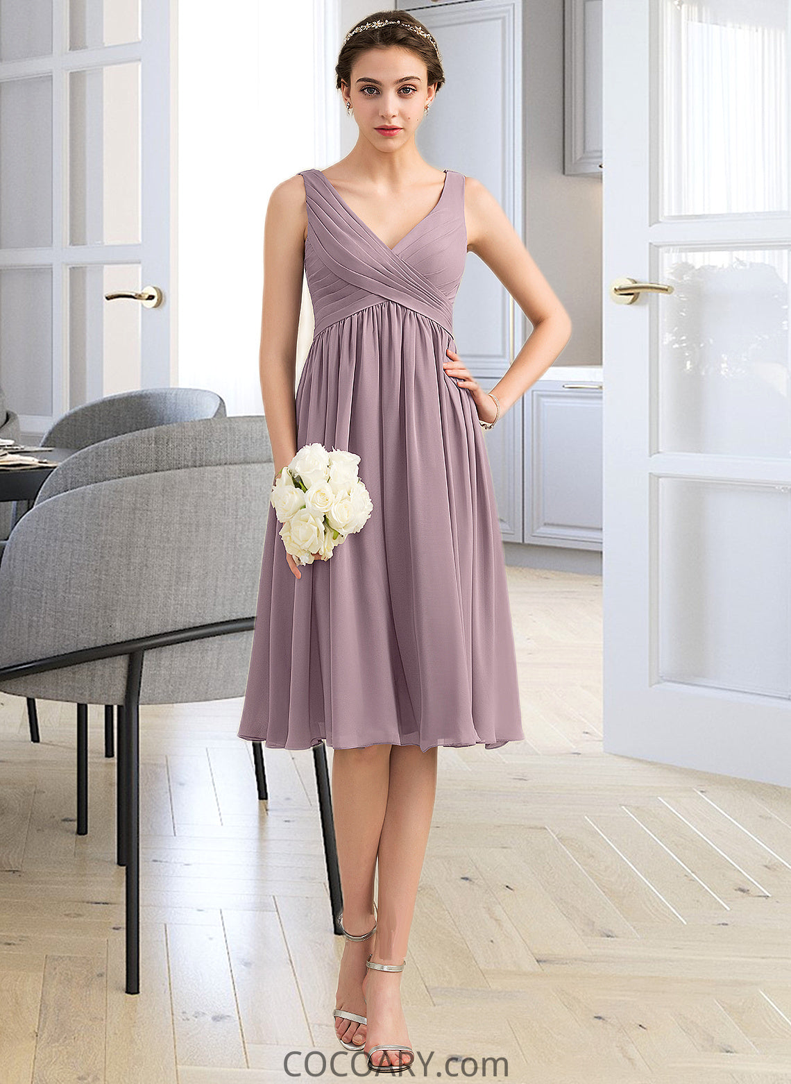 Juliana Empire V-Neck Knee-Length Chiffon Bridesmaid Dress With Cascading Ruffles DA8P0012901