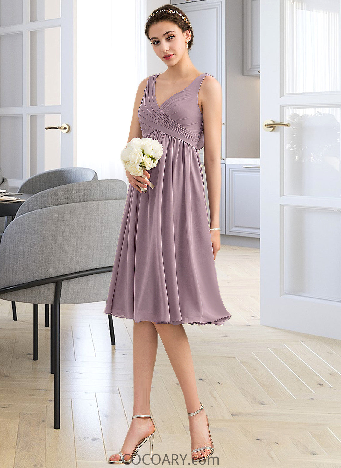 Juliana Empire V-Neck Knee-Length Chiffon Bridesmaid Dress With Cascading Ruffles DA8P0012901