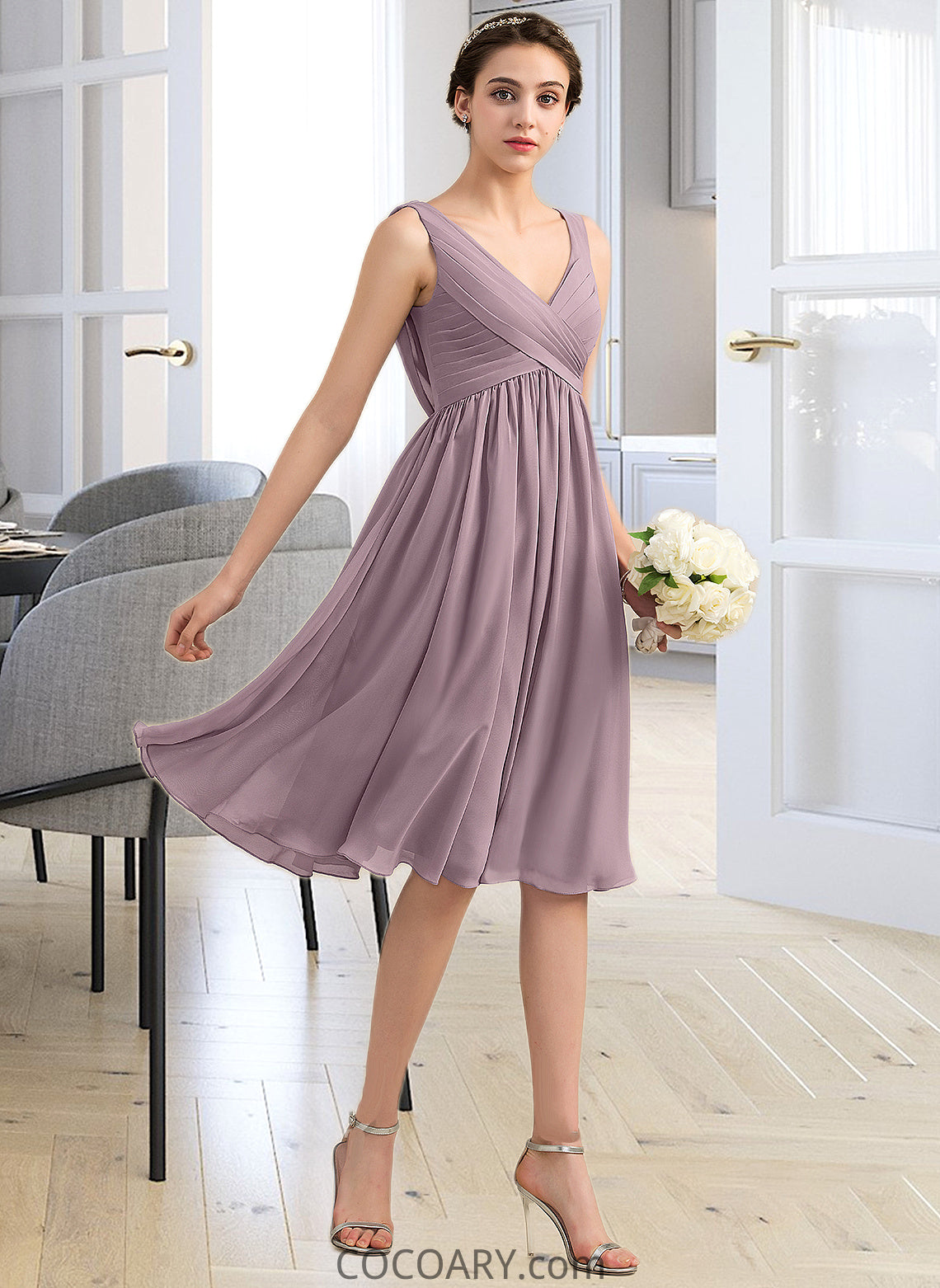 Juliana Empire V-Neck Knee-Length Chiffon Bridesmaid Dress With Cascading Ruffles DA8P0012901