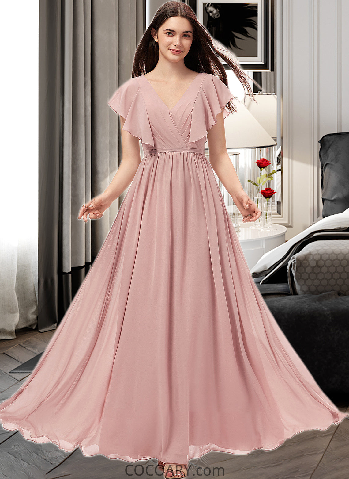 Jadyn A-Line V-neck Floor-Length Chiffon Bridesmaid Dress With Split Front DA8P0012903