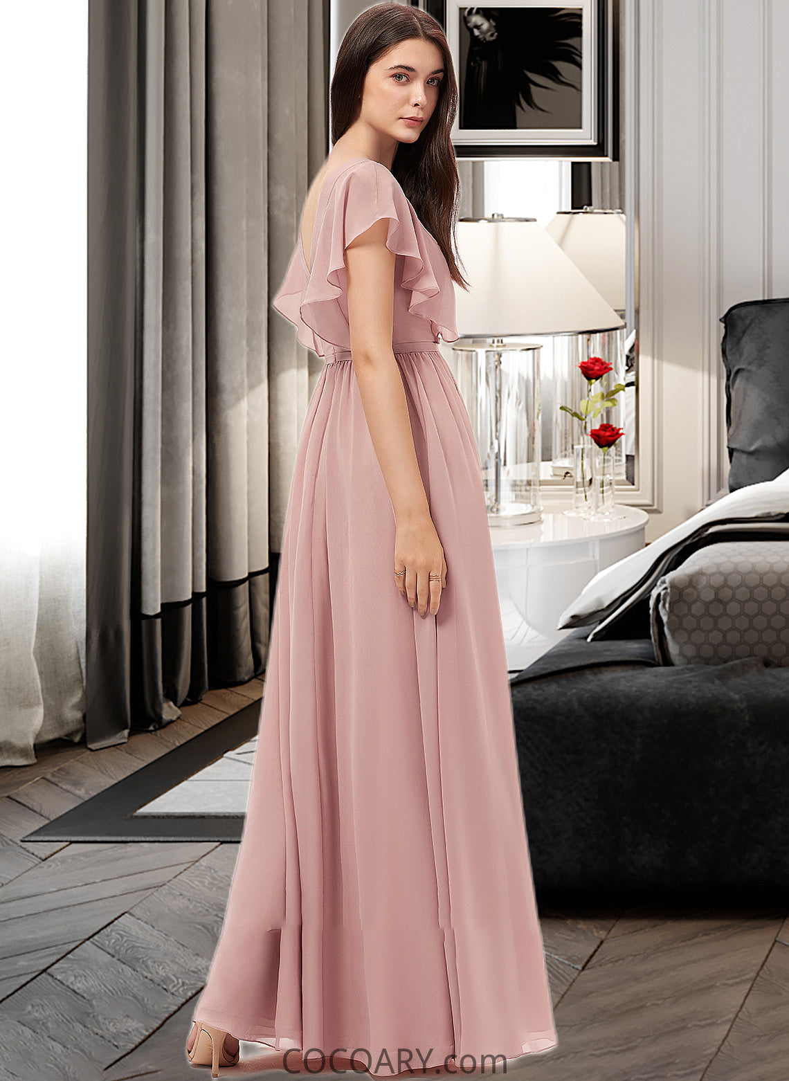 Jadyn A-Line V-neck Floor-Length Chiffon Bridesmaid Dress With Split Front DA8P0012903