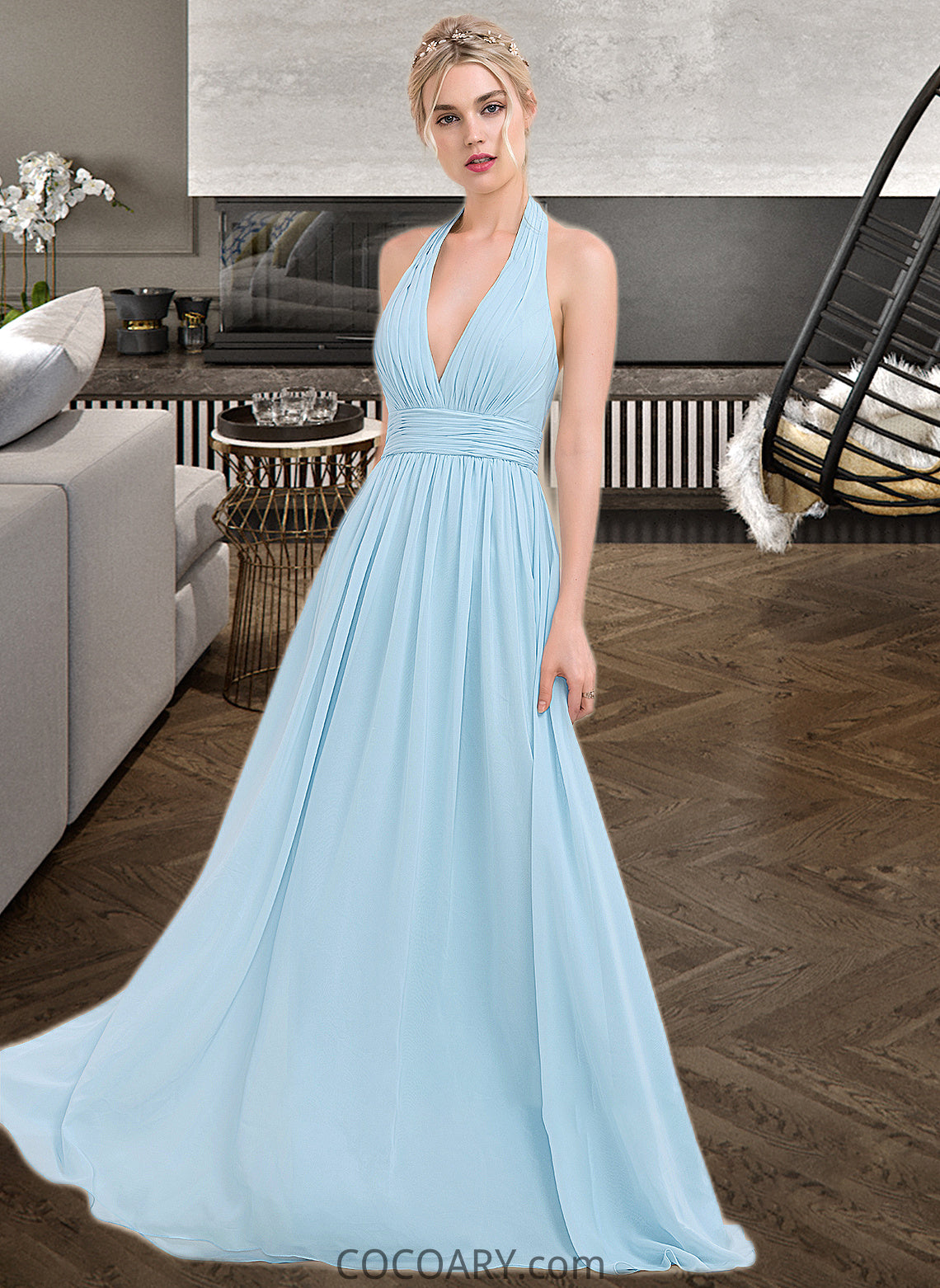 Selah A-line Halter Floor-Length Chiffon Bridesmaid Dress With Ruffle DA8P0012905