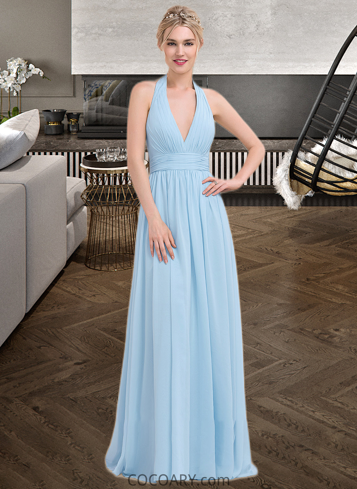 Selah A-line Halter Floor-Length Chiffon Bridesmaid Dress With Ruffle DA8P0012905