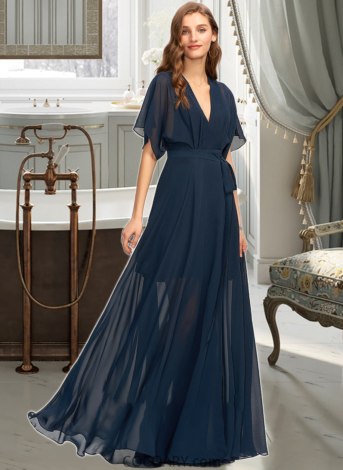 Maureen A-Line V-neck Floor-Length Chiffon Bridesmaid Dress With Split Front DA8P0012909