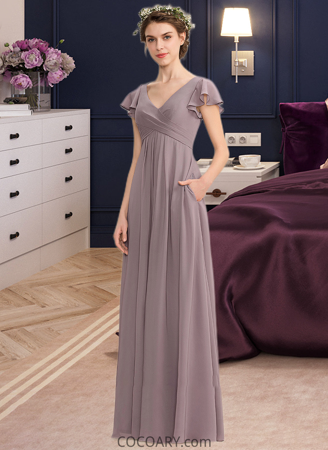 Clara A-Line V-neck Floor-Length Chiffon Bridesmaid Dress With Cascading Ruffles Pockets DA8P0012910