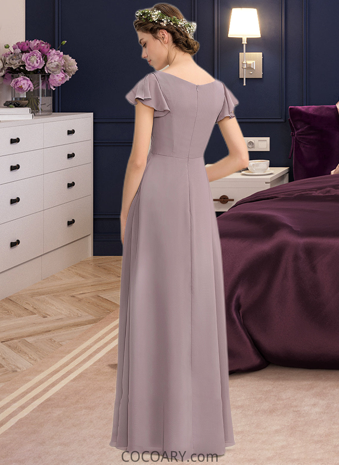 Clara A-Line V-neck Floor-Length Chiffon Bridesmaid Dress With Cascading Ruffles Pockets DA8P0012910