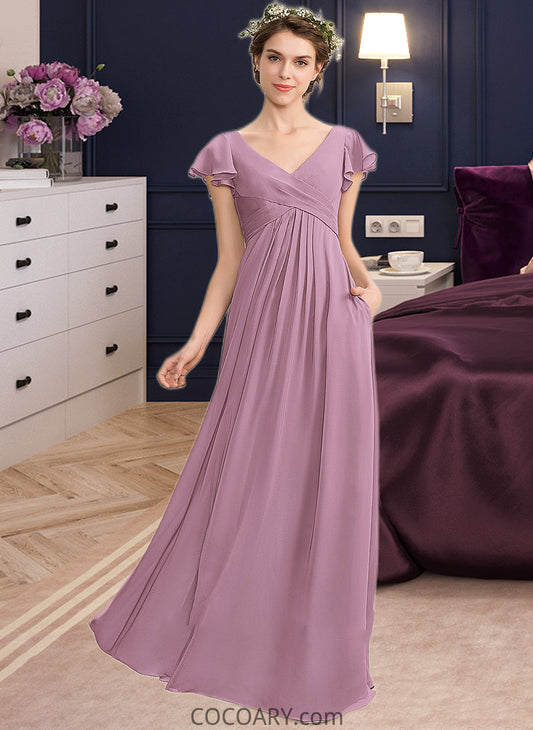 Clara A-Line V-neck Floor-Length Chiffon Bridesmaid Dress With Cascading Ruffles Pockets DA8P0012910