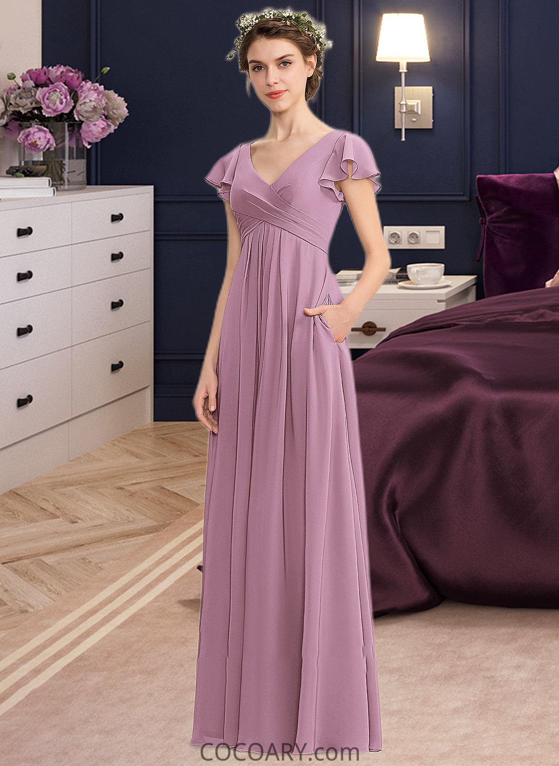 Clara A-Line V-neck Floor-Length Chiffon Bridesmaid Dress With Cascading Ruffles Pockets DA8P0012910