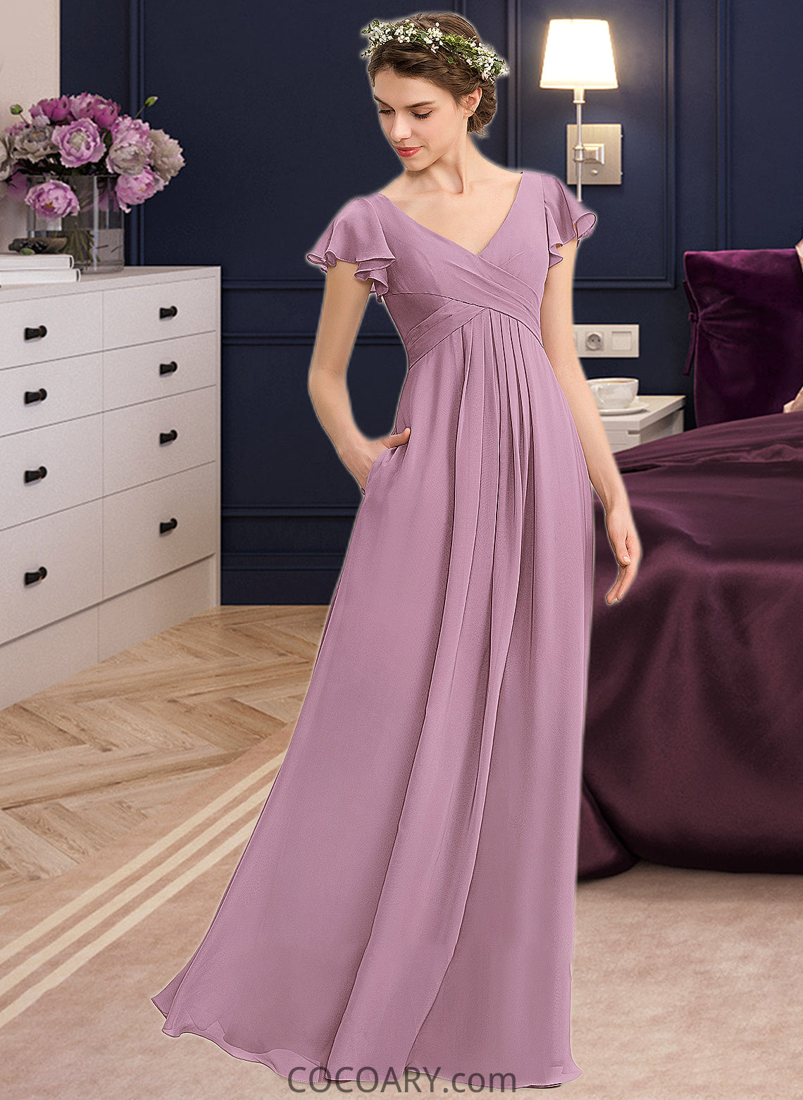 Clara A-Line V-neck Floor-Length Chiffon Bridesmaid Dress With Cascading Ruffles Pockets DA8P0012910