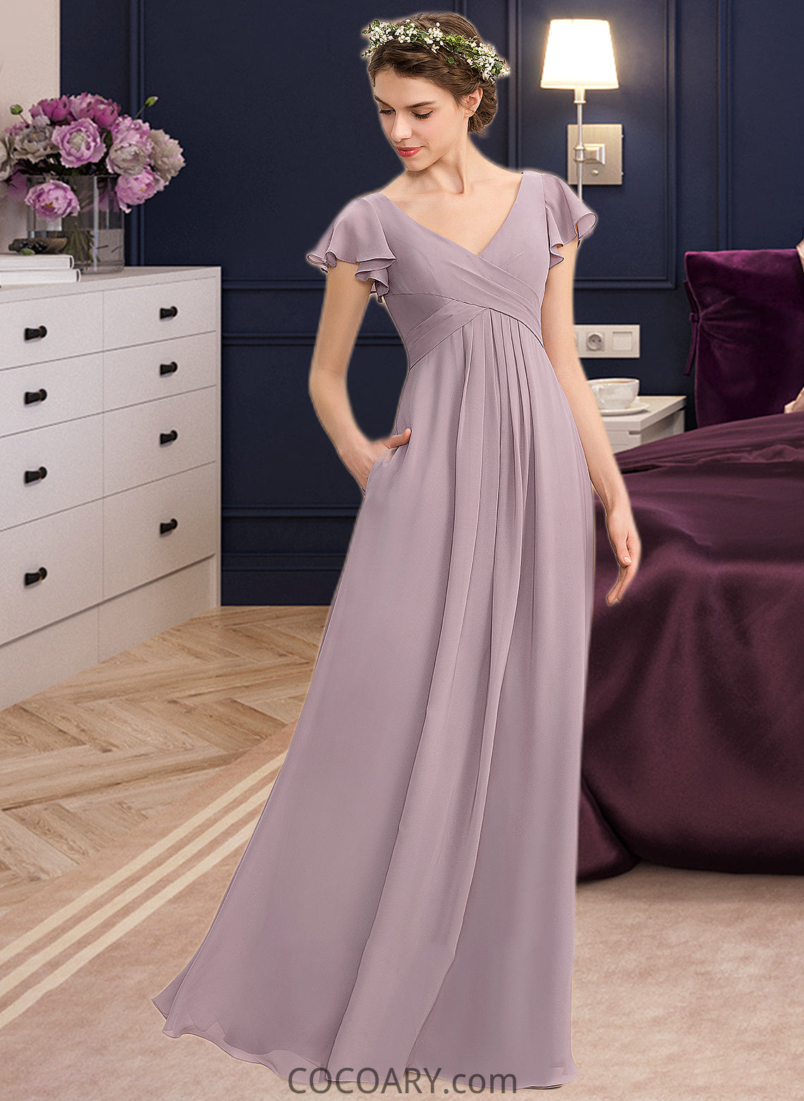 Clara A-Line V-neck Floor-Length Chiffon Bridesmaid Dress With Cascading Ruffles Pockets DA8P0012910