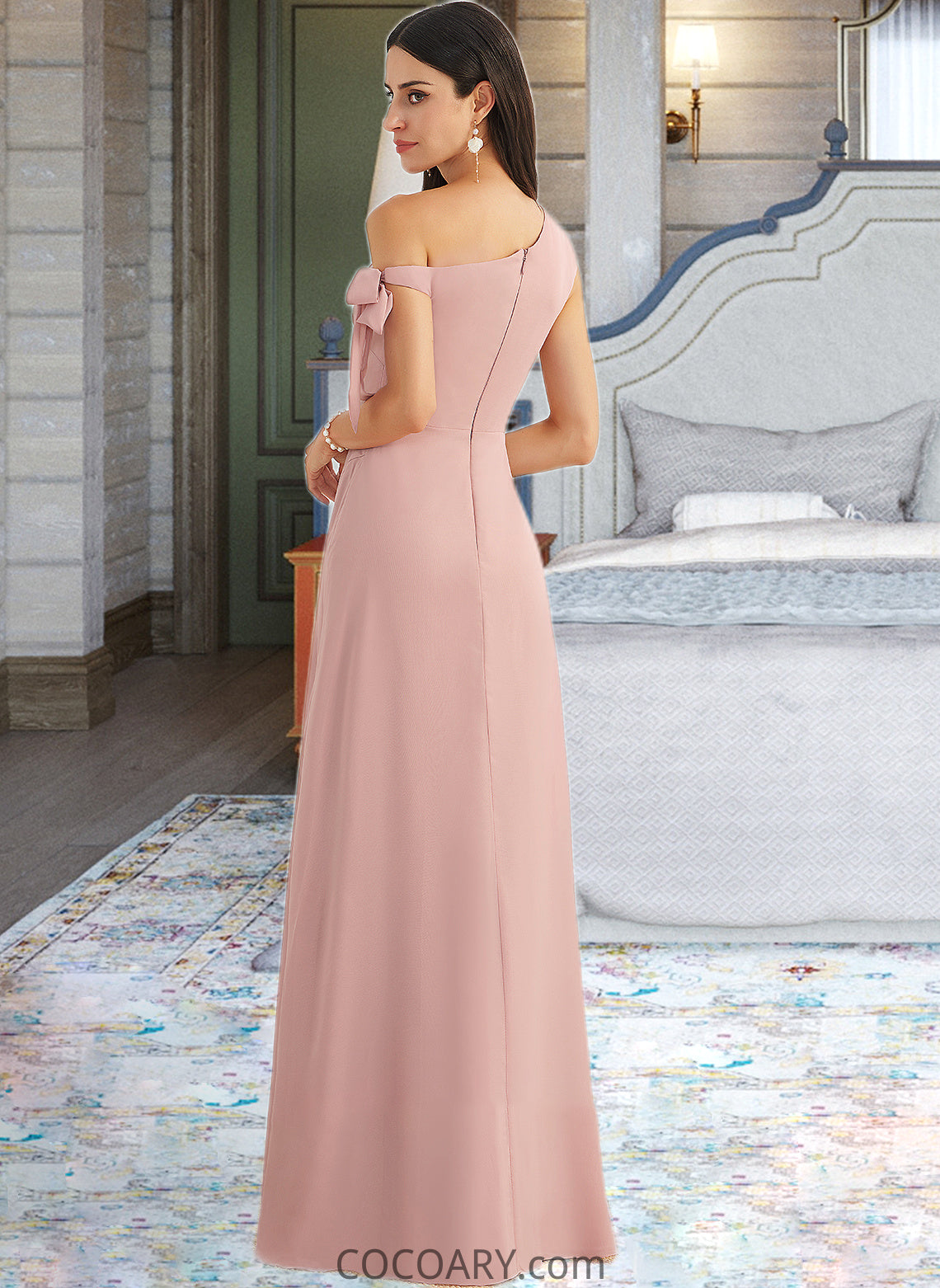 Lacey A-Line One-Shoulder Floor-Length Bridesmaid Dress With Bow(s) DA8P0012914