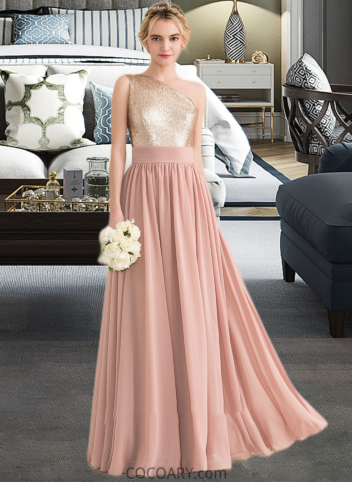 Nova A-line One Shoulder Floor-Length Chiffon Sequined Bridesmaid Dress DA8P0012916